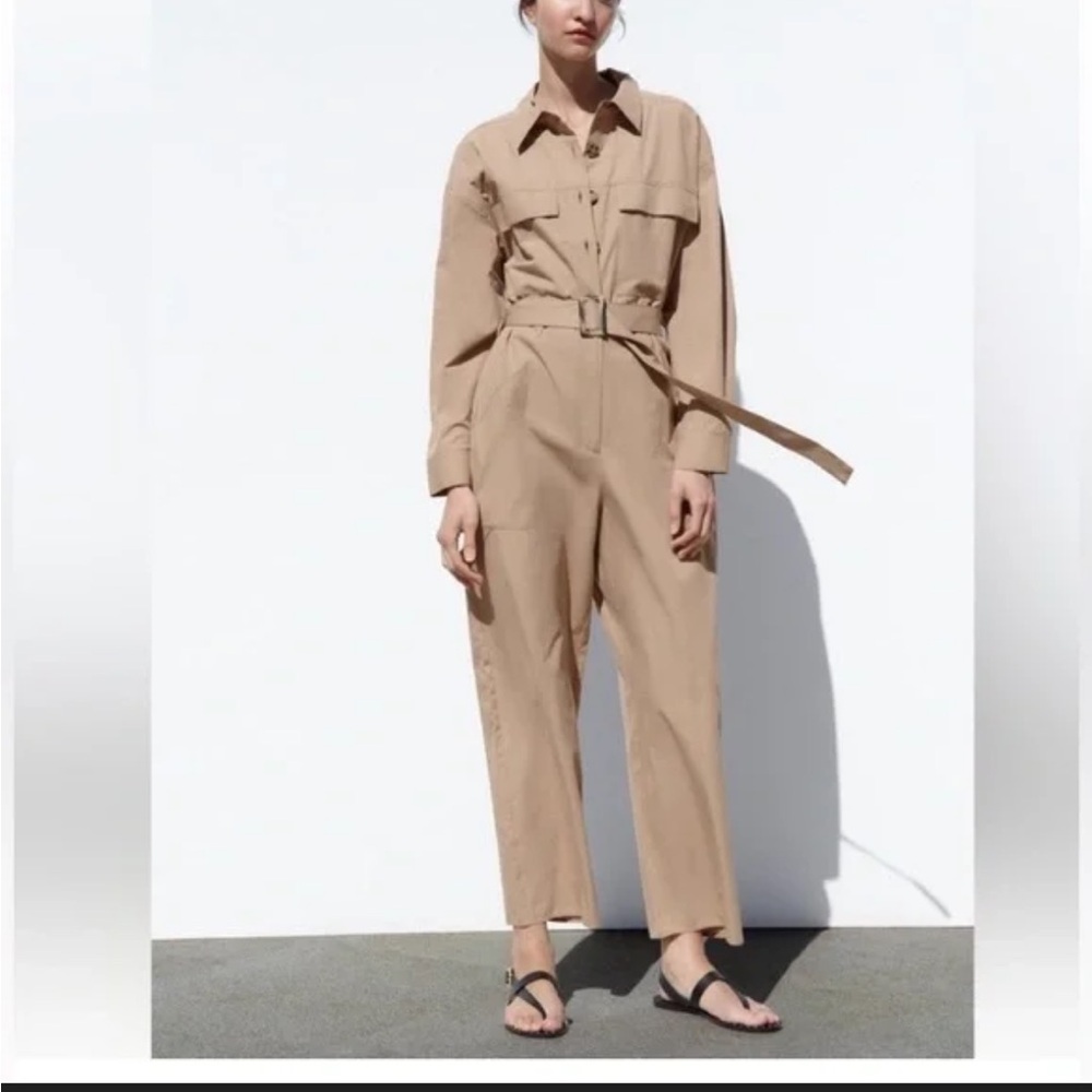 Zara Camel Tan Boiler Tie Jumpsuit NWT Small - Picture 1 of 5